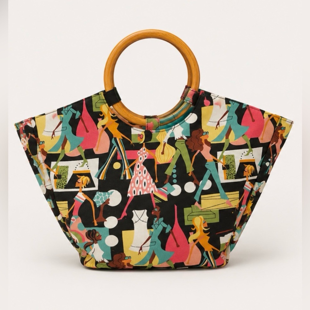 Vintage Inspired Nieman Marcus  Patterned Tote Bag with Bamboo Handles